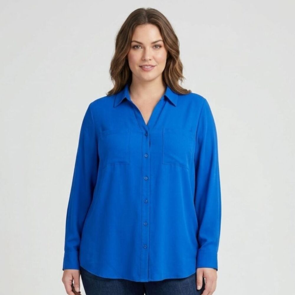 Notations Royal Cobalt Blue V-Neck Tunic Blouse Roll Tab Long Sleeve